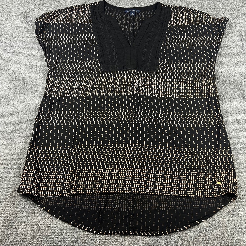 Tommy Hilfiger Black Tan Dot Embroidered V-Neck Blouse Top Medium